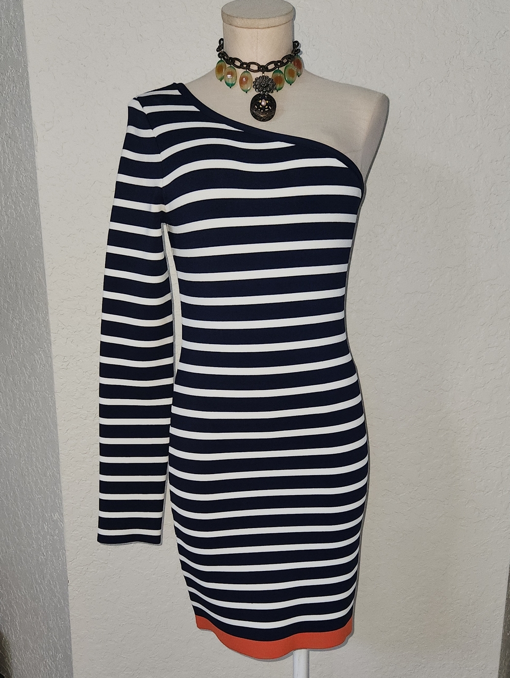 BCBGMaxAzria Navy and White One-Shoulder Striped Dress with Orange Hem